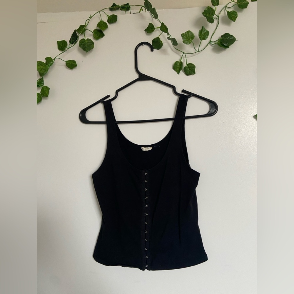 Garage Black Hook & Eye Front Corset Style Ribbed Tank Top Grunge Y2K Cami Shirt